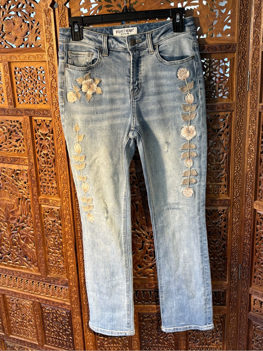 Velvet Heart Light Blue Straight Leg Jeans with Floral Embroidery